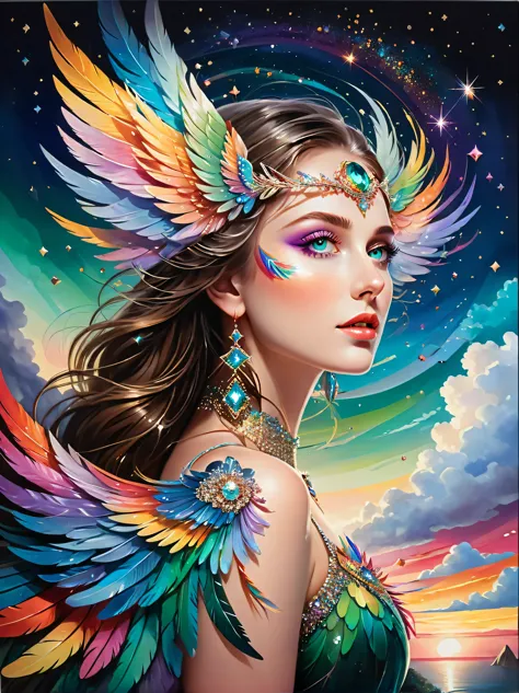 Dramatic depiction of a stunning beauty with glittering wings，Rainbow feathers，She flew over surrealism，Dusk sky，Leaving a trail...