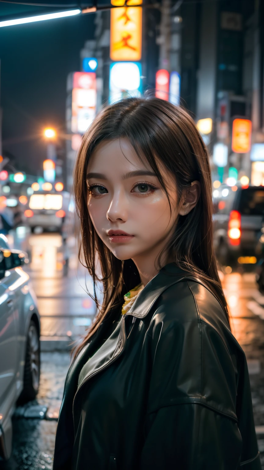 A woman standing on a busy street in Tokyo, Traffic jam on a rainy night, masterpiece, RAW Photos, Depth of written boundary, Bokeh, (Front light:1.2), (Backlight:0.75), (Fill Light:0.9), neon, chromatic aberration, (Lens flare:1.2), 8k, Genuine, green,(head shot:1.5)