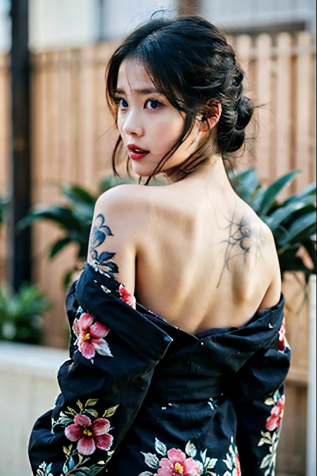 masterpiece, top quality, best quality, official art, beautiful and aesthetic:1.2),1girl, tattoo, solo, japanese clothes, red and black kimono, hair ornament, unsheathing, black hair, sheath, back tattoo, blue eyes, off shoulder, bare shoulders,flower, looking at viewer, holding, makeup, outdoor