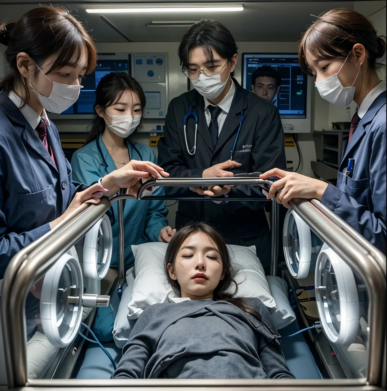 아름다운 한국인 어머니, 약하게 누워있다, 눈을 감다, 헝클어진 머리로, 죽어가는 것 같아, 고통스러운 표정을 짓는 모습. 치료실을 지키고 있는 로봇 의사가 여러 명 있습니다. 치료 튜브를 담은 손으로 전신을 보여주는 모습. 전신. 연구실 배경.
