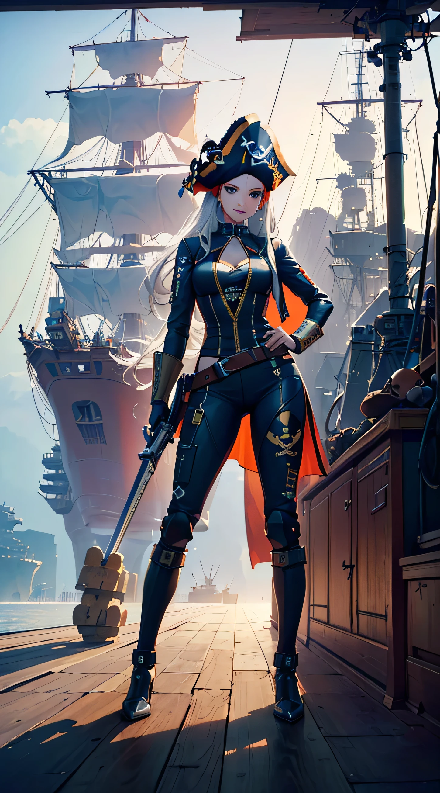 (masterpiece), (best quality), (super-detailed), (Ultra-high-definition, Sony a1 35 mm f/1.8 photographic full body shot of an ultra-finely-detailed, stunningly beautiful, futuristic female, space pirate), (she is wearing a pirate-themed mecha-suit) and (((brandishing a curved laser cutlass))) (((and a futuristic version of an 18th-century flintlock pistol))) ((her mecha-suit was black, gold, and silver)), (((it was very intricately designed, highly detailed armor))), with (((a jolly roger emblem emblazoned on the tricorn hat she wore))), (evil female buccaneer:1.2), (super-detailed, dazzling eyes and a smile with brilliantly white, perfect teeth))), ((evil smile)), (((fashion model looks and body))), ((( a thin waist, slender legs, and medium breasts))) and (((heavy pirate stylized boots on her feet))), (perfect body), ((natural beauty)), (((in dynamic  poses:1.3)), (((while holding her flintlock pistol and cutlass up and ready for use:1.51))), (((she is standing in the cargo bay of the ((pirate ship inspired spacecraft:1.4)), waiting to be boarded by the enemy))), epic anime digital artwork, (ray tracing), (rule of thirds), High Dynamic Range, UHD, 8k, 16k, textured skin, cinematic lighting, over-the-shoulder shot, wide lens, full body shot, (facing the viewer), sci-fi concept art, Unreal Engine 5, Unity Engine, Blender, octane render, corona render, golden hour, 