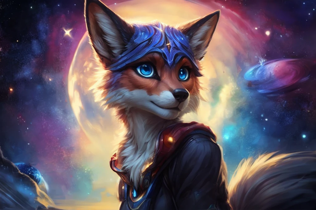 [F=" female, slim, cute, dark blue fur, long hairs, holding sun,gold detailes, anthro fox, fluffy, (aurelion_sol's colors, sky blue eyes"]. A f in space with planet n the background, floating in space, deep space, space dust, black star, lol art style, superb linework, masterpiece, breathtaking, trending on artstation, highly detailed, fine quality, better illustration, digital artwork, photorealistic, by pixelsketcher, by hioshiru, close-up accuracy