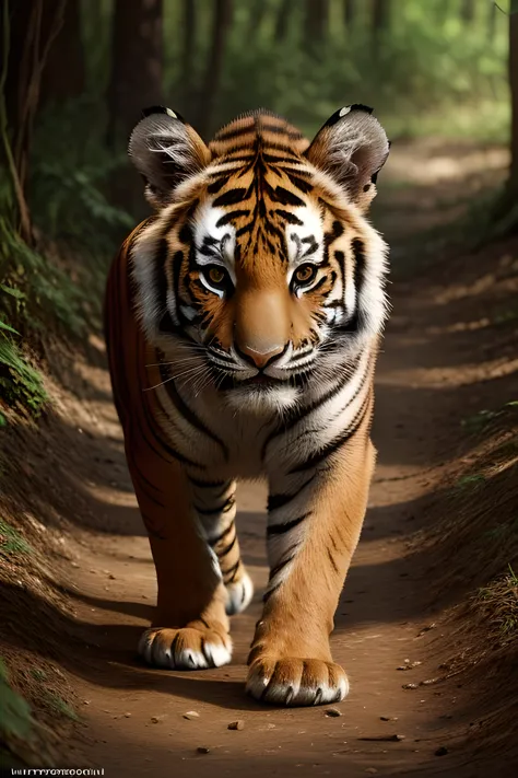 ((best quality, masterpiece, ultra high res, ultra-detailed, photorealistic, realism)) a tiger cub, walking, looking at viewer, ...
