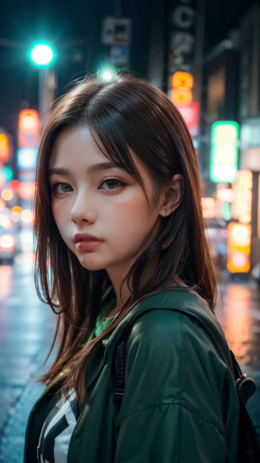 Une femme debout dans une rue animée de Tokyo, Embouteillage par une nuit pluvieuse, chef-d&#39;œuvre, Photos brutes, Profondeur de la limite écrite, bokeh, (Lumière de devant:1.2), (rétroéclairage:0.75), (remplir la lumière:0.9), néon, aberration chromatique, (reflet:1.2), 8k, authentique, vert,(photo du visage:1.5)
