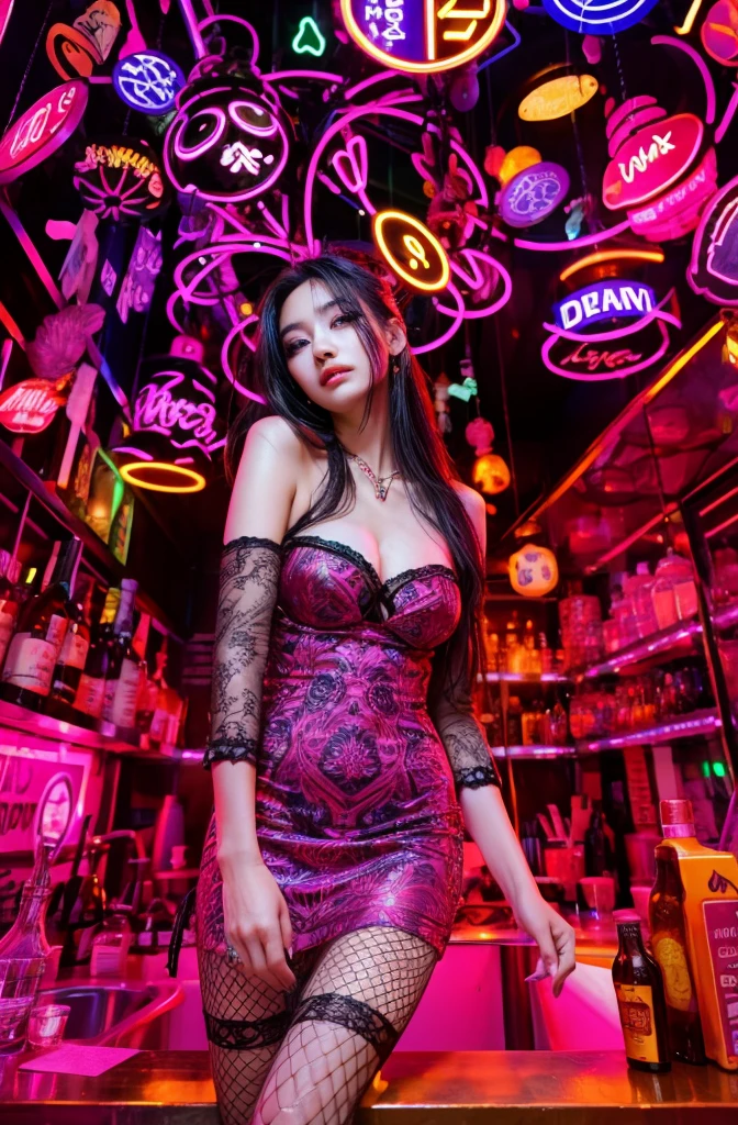 An arafed woman in a dress posing in a bar with neon signs, neon light and fantasy, with neon lights, sexy dress, magenta lighting. fantasy, captured on canon eos r 6, gorgeous lady, with neon night spots, cyberpunk with neon lighting, sexy girl, taken with canon eos 5 d mark iv, shot with canon eoa 6 d mark ii.
Masterpiece, ultra detailed, realistic, photo realistic, high detail RAW color photo, professional photograph, extremely detailed, finely detail, lens flare, Dynamic lighting, 8K, RAW Photo, Best High Quality, Masterpiece: 1.2, Ultra HD: 1, High Detail RAW Color Photo, Pro Photo, Realistic, Photo Realistic: 1.5, Live Photo, Super detailed, Masterpiece, Real Skin, Realistic Skin, Realistic HD Eyes, Highly detailed Eyes, Perfect Eyes, Perfect face, Perfect fingers, extremely detailed face, extremely detailed eyes, extremely detailed skin, perfect anatomy.