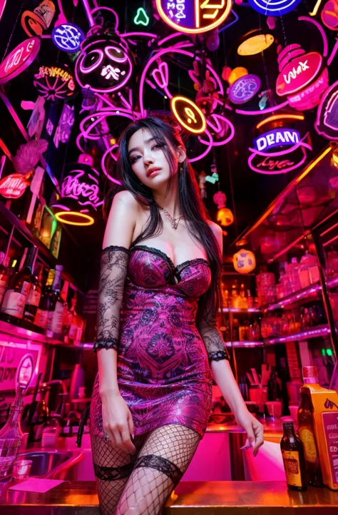 An arafed woman in a dress posing in a bar with neon signs, neon light and fantasy, with neon lights, sexy dress, magenta lighti...
