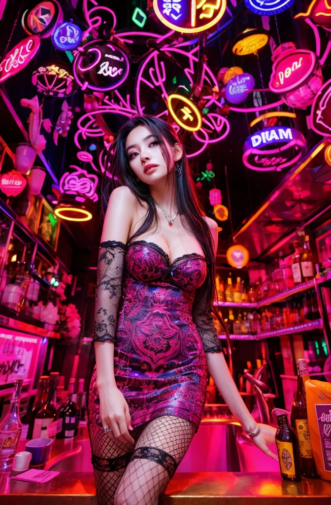 Арафированная женщина в платье позирует в баре с неоновыми вывесками, neon light and Фантазия, с неоновыми огнями, сексуальное платье, пурпурное освещение. Фантазия, снято на canon eos r 6, Шикарная дама, с неоновыми ночными клубами, киберпанк с неоновой подсветкой, сексуальная девушка, снято на Canon EOS 5 D Mark IV, снято на Canon EOA 6 D Mark II.
шедевр, Ультрадетализированный, реалистичный, photo реалистичный, Цветная фотография в формате RAW с высокой детализацией, профессиональная фотография, чрезвычайно подробный, мелко детализировать, отблеск от линз, динамическое освещение, 8К, Необработанное фото, лучшее высокое качество, шедевр: 1.2, Ультра HD: 1, Цветная фотография в формате RAW с высокой детализацией, Профессиональная фотография, реалистичный, Photo реалистичный: 1.5, Живое фото, Супер подробный, шедевр, настоящая кожа, реалистичный Skin, реалистичный HD Eyes, очень детализированные глаза, прекрасные глаза, идеальное лицо, идеальные пальцы, чрезвычайно подробный face, чрезвычайно подробный eyes, чрезвычайно подробный skin, идеальная анатомия.