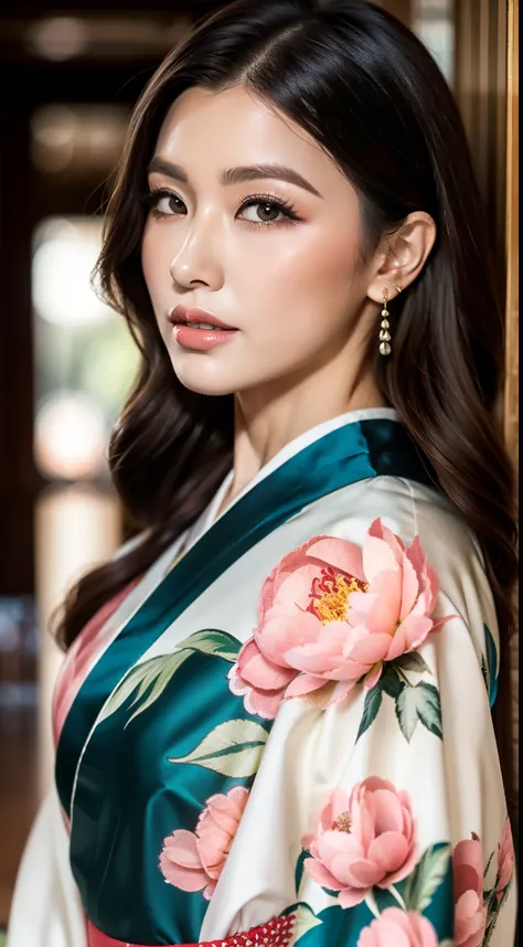 （Peony Kimono，Lots of roseodern art，Intricate Design，highest quality，8k，masterpiece：1.3，Clear focus：1.2，Beautiful woman with per...