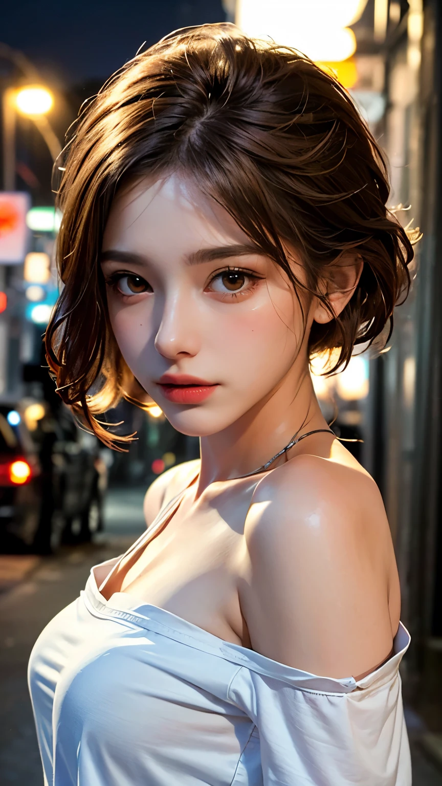 highest quality, masterpiece, Ultra-high resolution, (Realistic:1.4), RAW Photos, One girl, Off the shoulder, In the Dark, Deep Shadow, Modest, Night Alley, short hair, roadside,walking, 20-year-old,Cute face, Small breasts, Tight shirt,(head shot:1.5)