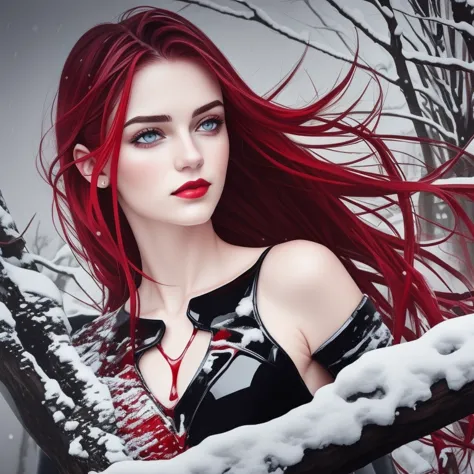 blood pool, 1 girl, beauty, snow rain, colorful hair