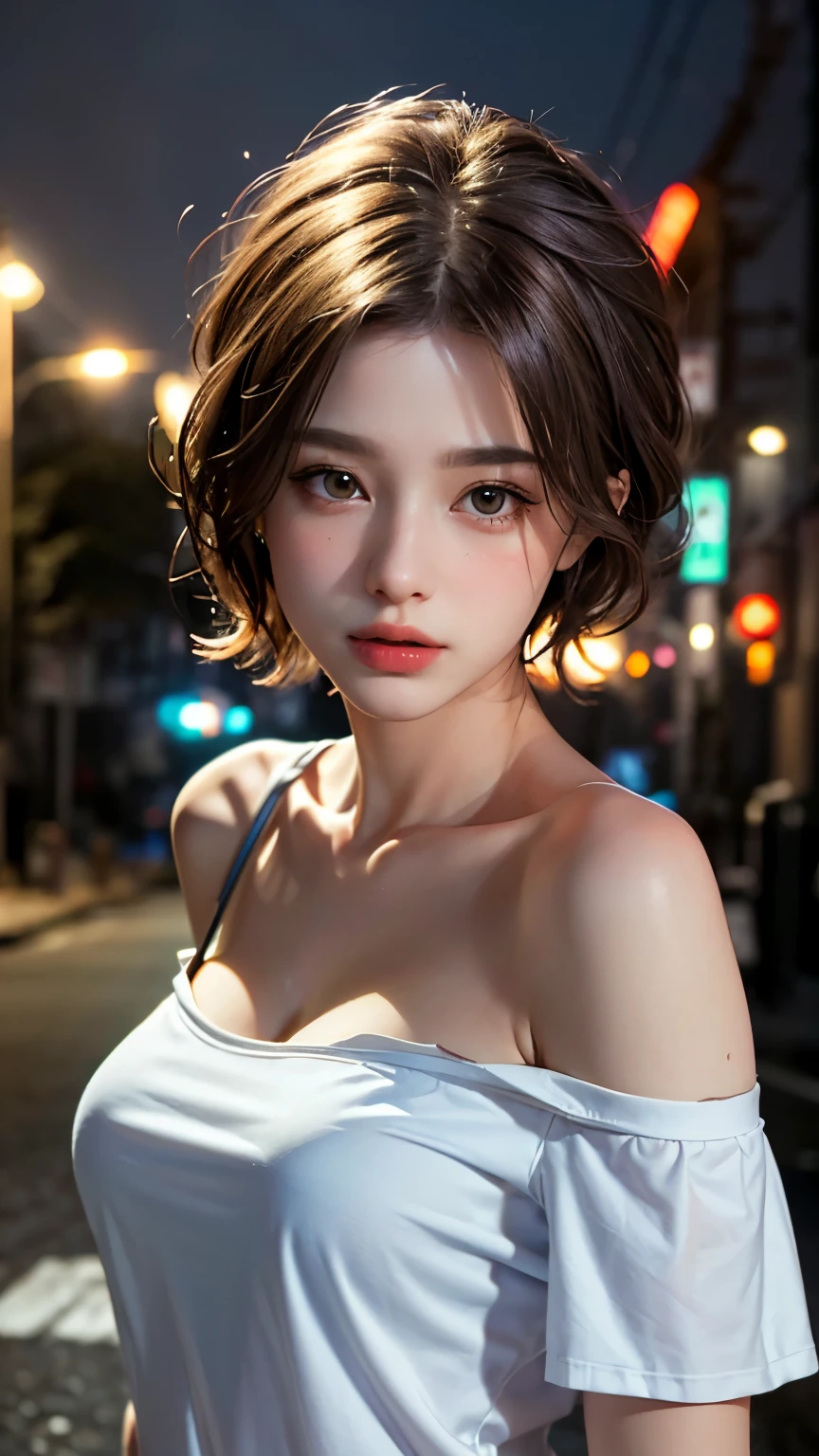 highest quality, masterpiece, Ultra-high resolution, (Realistic:1.4), RAW Photos, One girl, Off the shoulder, In the Dark, Deep Shadow, Modest, Night Alley, short hair, roadside,walking, 20-year-old,Cute face, Small breasts, Tight shirt,(head shot:1.5)