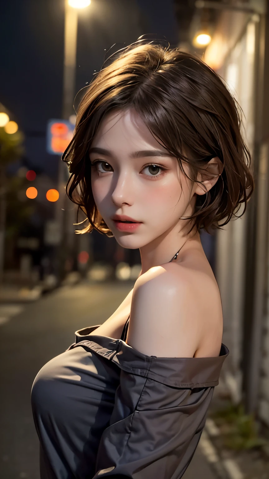 highest quality, masterpiece, Ultra-high resolution, (Realistic:1.4), RAW Photos, One girl, Off the shoulder, In the Dark, Deep Shadow, Modest, Night Alley, short hair, roadside,walking, 20-year-old,Cute face, Small breasts, Tight shirt,(head shot:1.5)