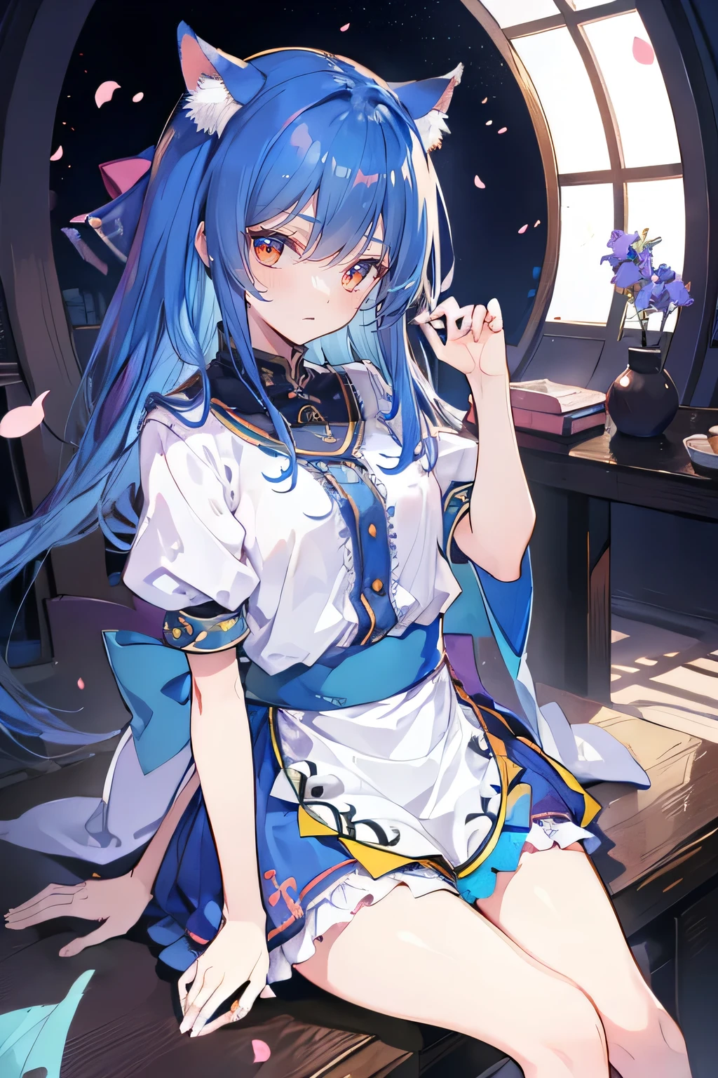 (masterpiece:1.2),ultra-detailed,realistic,expressive eyes,fair-skinned,perfectly shaped face,1girl,
Japanese cartoons,Gorgeous blue hair, flowing blue hair,floating clothes,cat ears,petals falling,beautiful Lola,Hina Angel,
hands on waist,gracefully sitting on the ground,legs crossed,gentle and serene background,cool and comfortable pavilion,night ,smile.