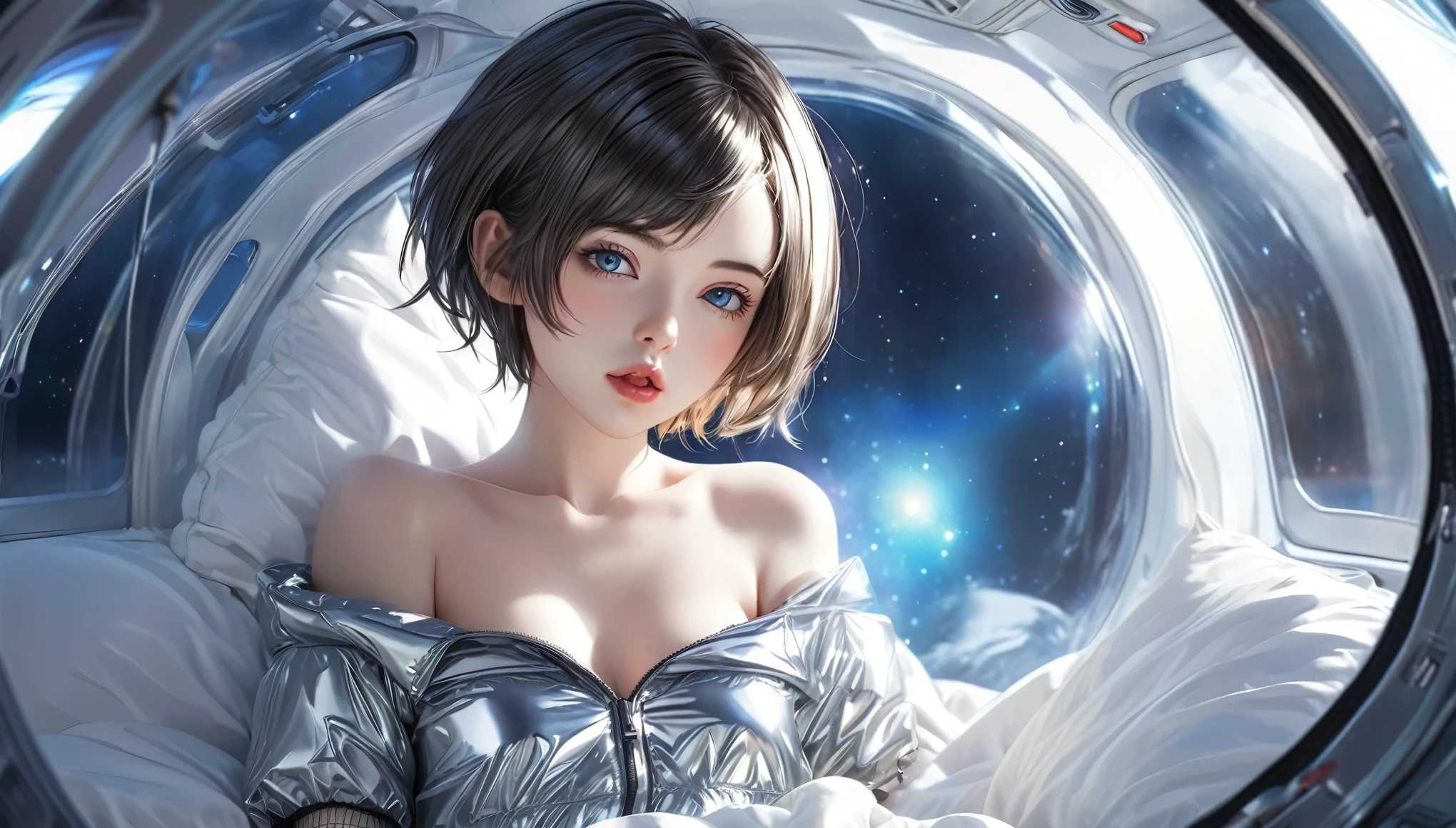 Masterpiece, Best Quality, ((skinny girl in a open shiny puffer with short sleeves and deep neckline, short sleeves, small perky breasts, puffy nipples, extremely detailed face, detailed eyes, detailed lips, pixie asymmetrical hair, small hips, in a spaceship, on a bed, full body view, random colors))