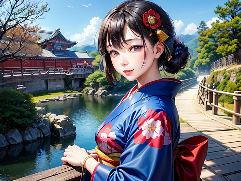 ((highest quality))、(masterpiece)、(detailed)、Perfect Face、'((A woman wearing a kimono))、Age 35、Inspired by that?、、(((new york、Kiyomizu Temple、blue sky)))