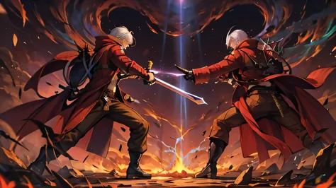 An evocative image of a dramatic showdown between two Dante in a hell world. Both Dante are wielding sword, locked in a fierce a...
