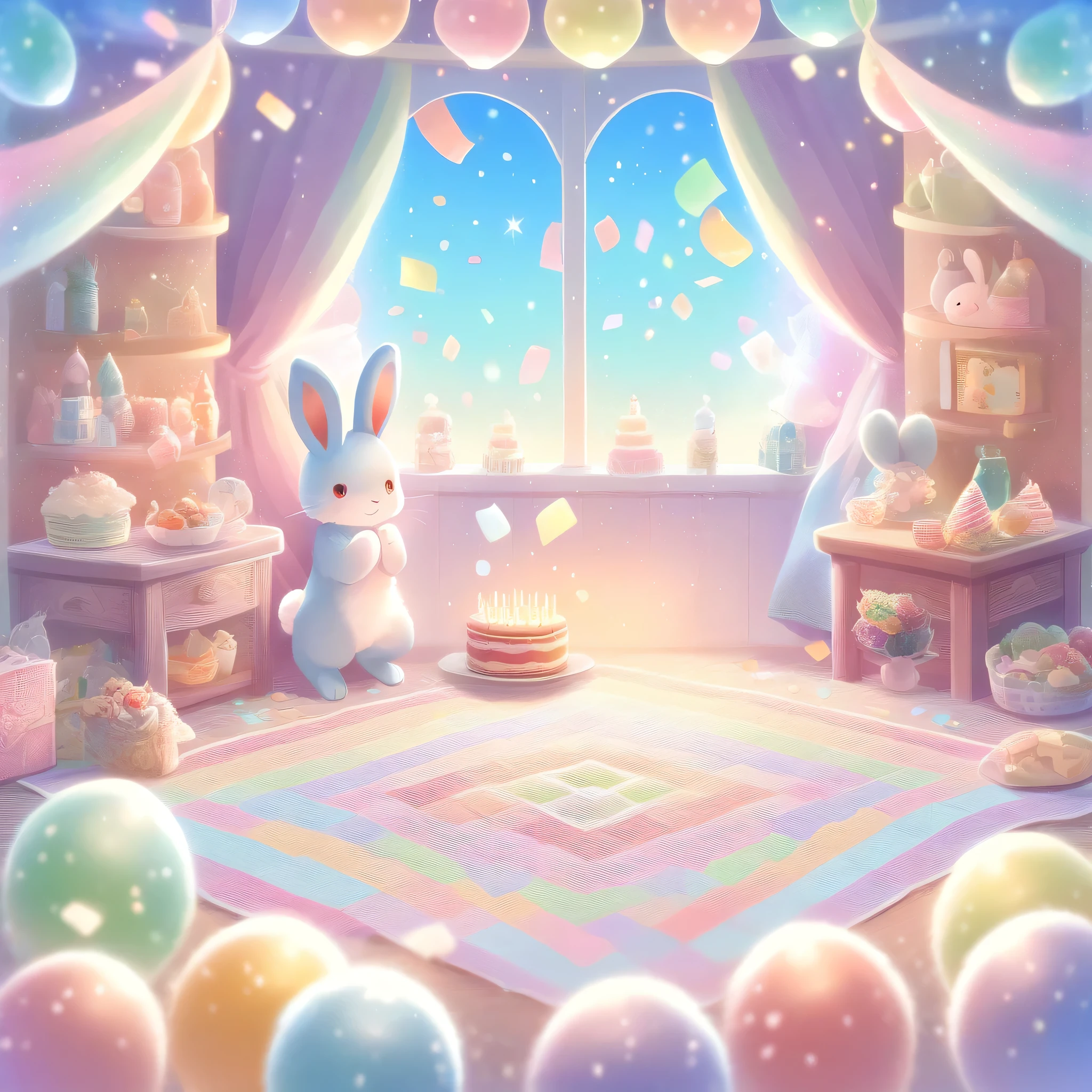 cuteAn illustration,Rabbit Kindergarten,Rabbit&#39;s Parent and Child:animal:cute:Get closer:Comfortable and warm:looks happy,An illustration,pop,colorful,color,,Lamp light,Rabbit&#39;s Parent and Child:Dreaming happy dreams,The room is warm and full of happiness.,,colorful,Fancy,Fantasy,patchwork:quilt,Detailed explanation,fluffy,Randolph Caldecott Style,rabbit,Very cuteRabbit,fluffyrabbit,birthday,Birthday Cake,Sparkling,Magic Effects,Magic Light,Magical Effects,Dream world,Wall decoration,celebration,Confetti,