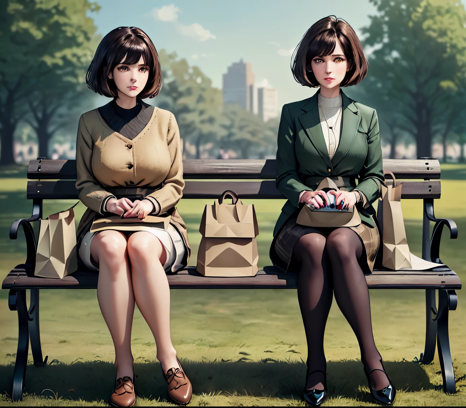 2lady, Sit on it (Bench end), (Office staff outfit) fashionable, Mature female, /(Brown hair/) Bangs, (Looking at the phone), (Masterpiece Best Quality:1.2) Exquisite illustrations with rich details, large breasts rest /(Black Hair/) Bangs, (Staring into the distance) rest ((Simple paper bag:1.2) Sitting in the middle of the bench) rest (Ordinary city park) outdoor, (green landscape), noon, Detailed background