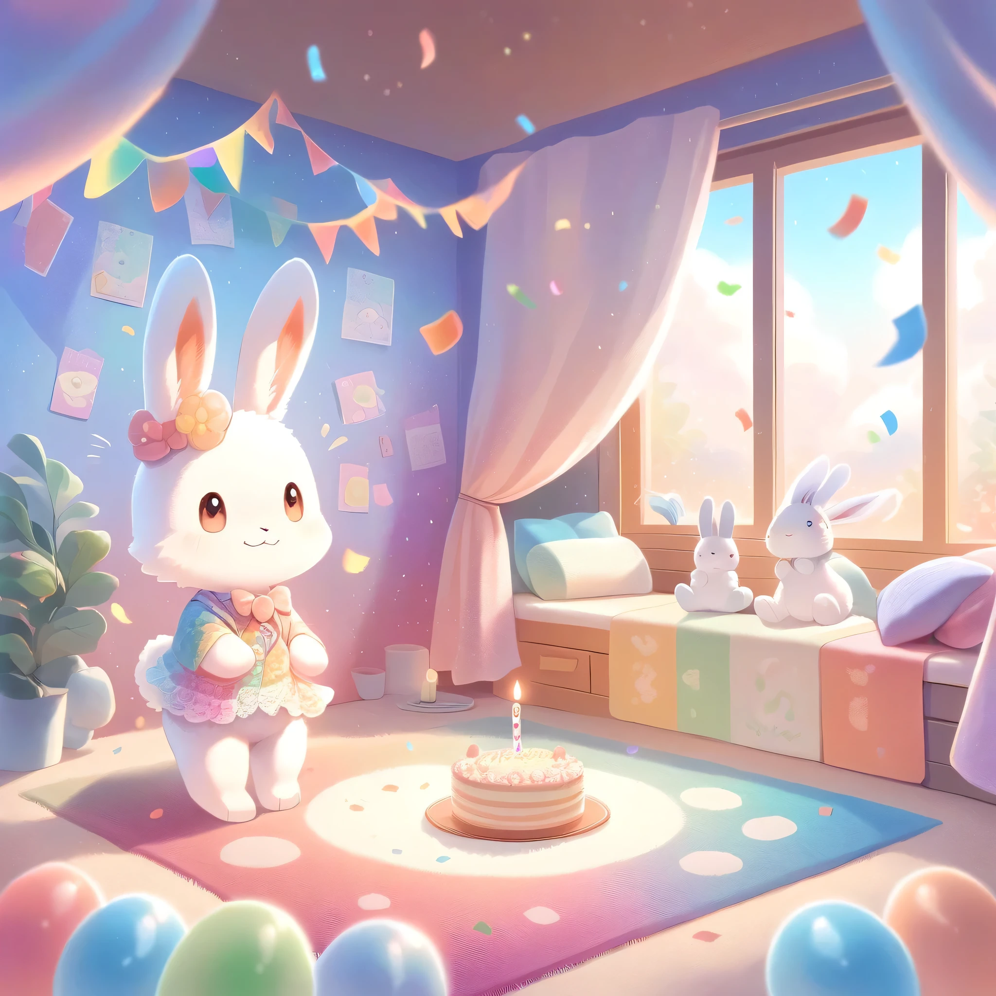 cuteAn illustration,Rabbit Kindergarten,Rabbit&#39;s Parent and Child:animal:cute:Get closer:Comfortable and warm:looks happy,An illustration,pop,colorful,color,,Lamp light,Rabbit&#39;s Parent and Child:Dreaming happy dreams,The room is warm and full of happiness.,,colorful,Fancy,Fantasy,patchwork:quilt,Detailed explanation,fluffy,Randolph Caldecott Style,rabbit,Very cuteRabbit,fluffyrabbit,birthday,Birthday Cake,Sparkling,Magic Effects,Magic Light,Magical Effects,Dream world,Wall decoration,celebration,Confetti,