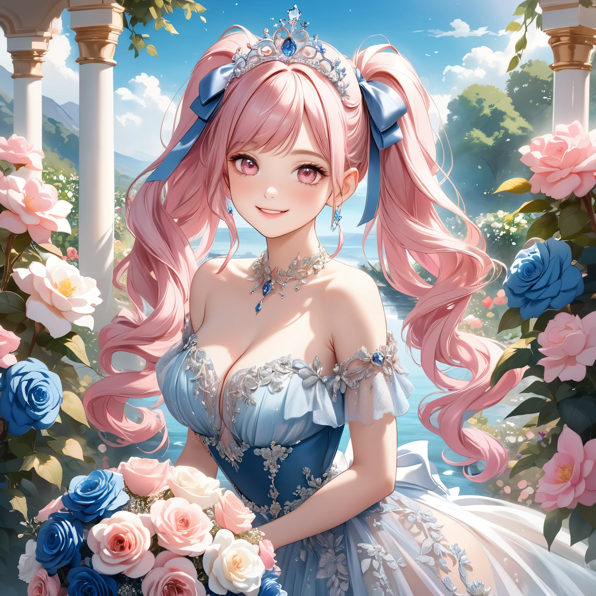 (8K, masutepiece, Highest Quality, Best Quality, Official art, Breathtaking beauty and aesthetics, A highly detailed, The best masterpiece in history that exceeds limits, Breathtaking and beautiful lighting:1.2), (1 Beautiful Girl, Solo), (16 years old), (Beautiful detailed face), (shiny white skin), (Beautiful detailed pink twin tails hair, Bangs:1.5), (beautiful detailed adolable drooing pink eyes:1.5), break,
(Beautiful Luxurious blue Princess Dresses, blue See-through intricate lace, blue cute bow ribbon, a lot of see-through blue frill, sheer chiffon material, silver thread, Diamond, blue corset), (Beautiful Luxurious Diamonds Tiara), (Beautiful big bust:1.3), (happy smile, Beautiful smile, Gentle smile, cute smile, innocent smile:1.2), breathtaking scenery, Attractive, amazing, Beautiful, Elegant, Luxurious, magnifica, Eye-catching, the ultimate beauty, Supreme Beauty, Superlative beauty, Elegant, Beauty, Graceful, Everyone loves it, Beauty that fascinates everyone, Healed, The highest level of complete beauty, cute like an idol, Stylish like a fashion model, Goddess-like grace, Be loved, adolable, Look at the camera, cute pose, Happy, (8 head and body), (ultra detailed realistic Breathtakingly beautiful Luxurious garden, blue sky:1.2), (blue Rose bouquet:1.2),