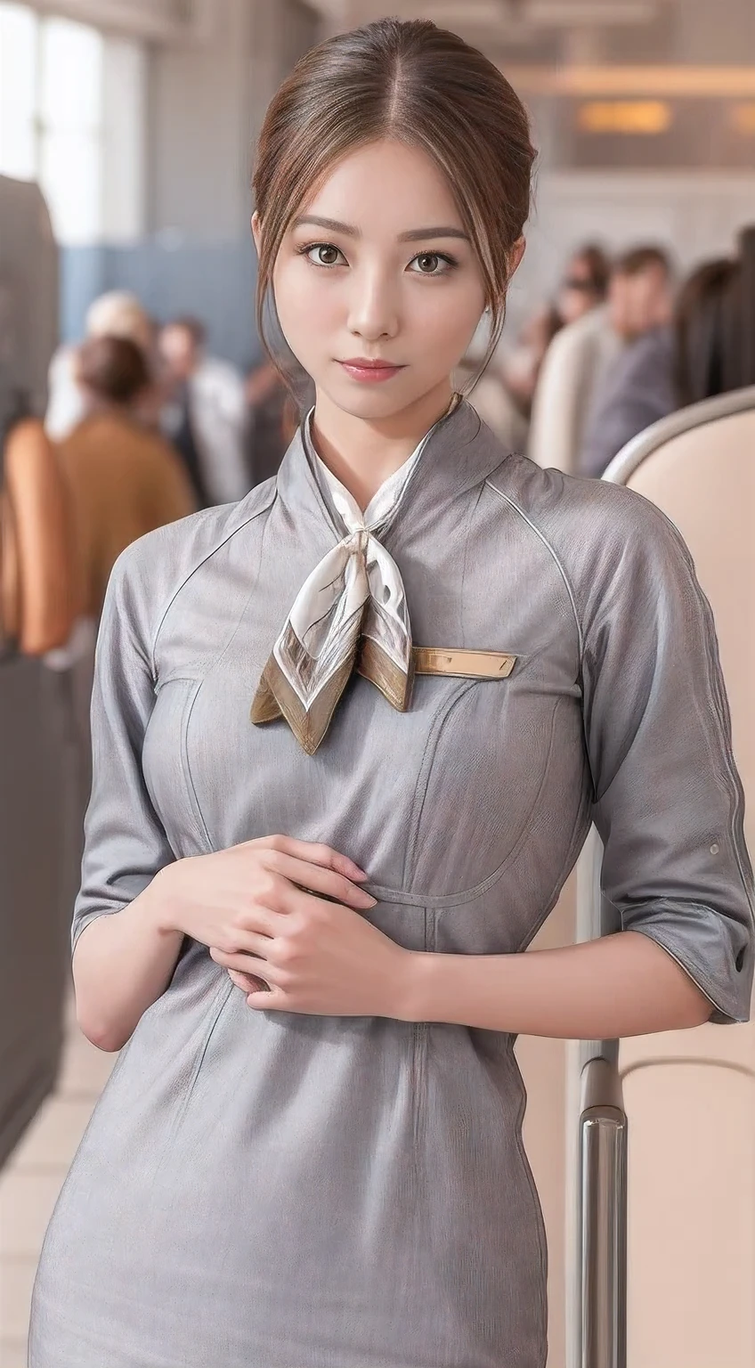 (chef-d&#39;œuvre:1.2、la plus haute qualité:1.2)、32K HDR、haute résolution、(seul、1 fille、silhouette mince)、（Style réaliste avec l&#39;uniforme de Starlux Airlines）、 (Dans le salon de l&#39;aéroport, Éclairage professionnel)、Une vraie femme, Beau visage,、（Uniforme argenté de Starlux Airlines:1.4）、（Uniforme argenté de Starlux Airlines with short sleeves）、（foulard sur la poitrine）、Gros seins、（chignon cheveux longs、Chignon du soir）、les cheveux brun foncé、Tir lointain、（（Belle main：2.0））、（（Des proportions corporelles harmonieuses：1.5））、（（Membres normaux：2.0））、（（Doigt normal：2.0））、（（Yeux délicats：2.0））、（（Yeux normaux：2.0））)、Belle posture debout