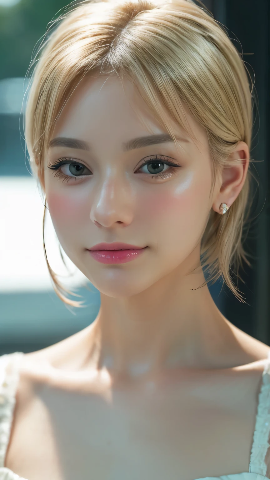 (masterpiece), ((highest quality)), Broke up lips, Light_smile, cinematic Lighting, ultra-Realistic, ((Realistic)), (Gwen_stacy), blonde_hair, short_hair, alone, Side cut, asymmetrical_hair, Broke up_lips, eyebrow_Earrings, (Detailed face), beautiful One girl, One girl, View your viewers, (Beautiful fine details), bodysuit,  white Foodie, Food_Down, upper_body, 