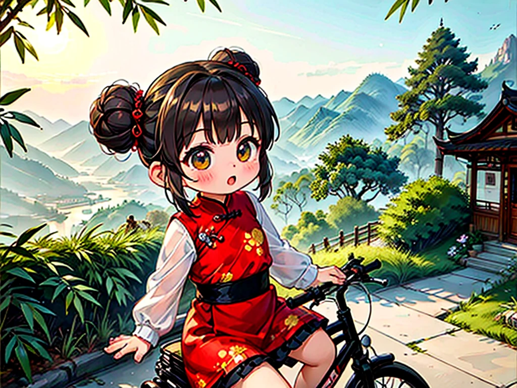 quality\(8k,wallpaper of extremely detailed CG unit, ​masterpiece,hight resolution,top-quality,top-quality real texture skin,hyper realisitic,increase the resolution,RAW photos,best qualtiy,highly detailed,the wallpaper,cinematic lighting,ray trace,golden ratio\), BREAK ,1woman\(cute,kawaii,small kid,hair floating,hair color dark brown,braid twin bun hair,eye color dark brown,big eyes,red cheongsam,breast,riding a old classic chinese bicycle,dynamic angle,long shot,full body,long shot,carrying many bamboo steamers\),background\(outside,chinese countryside,crowdy main street,old fashion chinese people,csal_scenery\),[nsfw:2.0],long shot