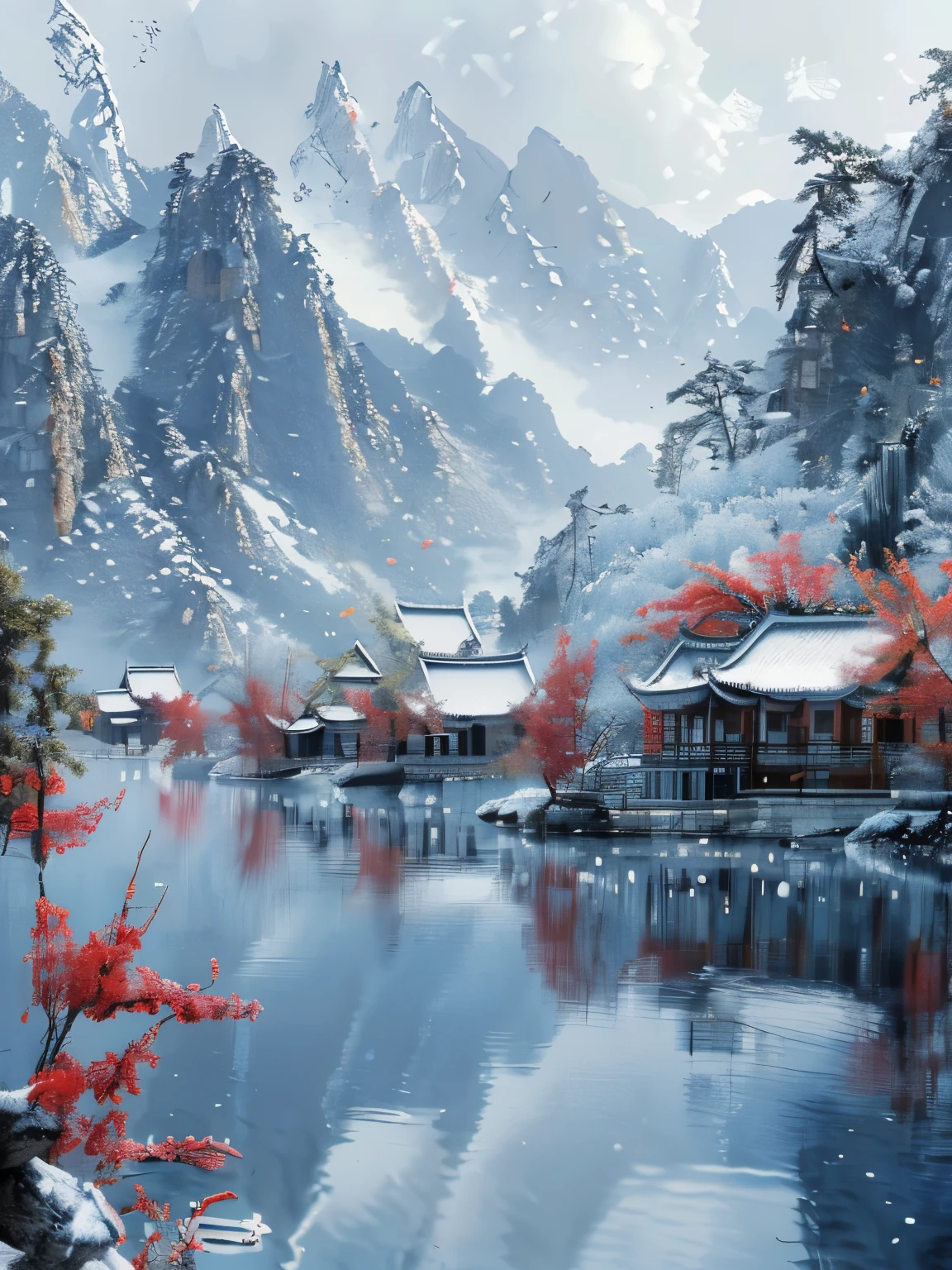 scenery, architecture, east asian architecture, tree, no humans, outdoors, mountain, water, building, snow, sky,(((masterpiece))),(((best quality))),((ultra-detailed))