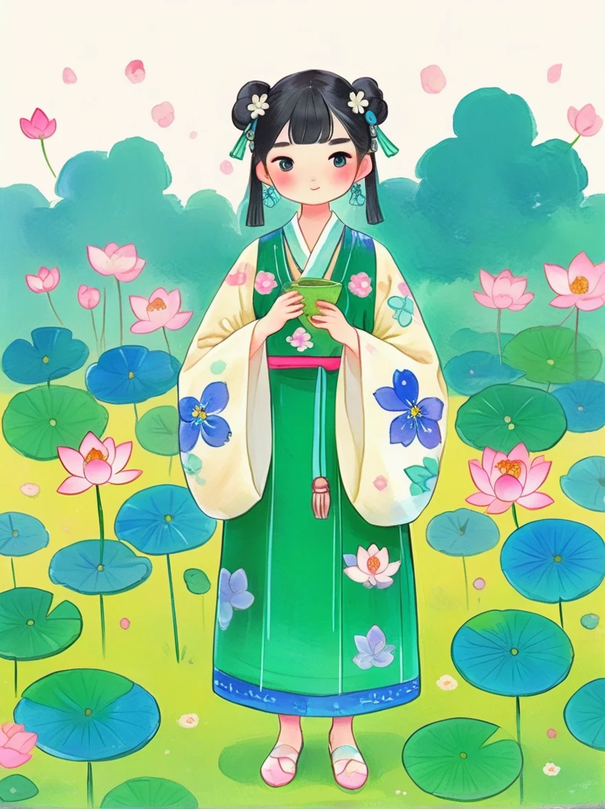 Anime Girl，Holding a green dress and a white flower in her hands，palace，A girl wearing Hanfu，Beautiful character painting，Young Anime Girl，Beautiful anime girl，Guweiz-style artwork，Chinese Girl，Cute anime visual girl，Lotus flower crown girl，Cute anime girl，Standing gracefully on the lotus，chibi anime illustration，Vector illustration