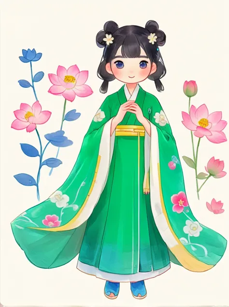 Anime Girl，Holding a green dress and a white flower in her hands，palace，A girl wearing Hanfu，Beautiful character painting，年轻的Ani...