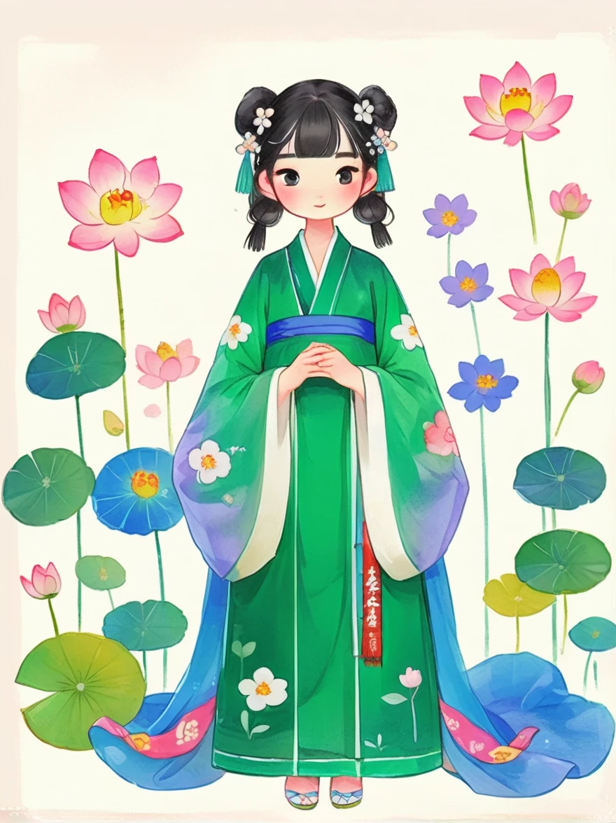 Menina anime，Segurando um vestido verde e uma flor branca nas mãos，Palácio，Uma garota vestindo Hanfu，linda pintura de personagem，年轻的Menina anime，美丽的Menina anime，Arte em estilo Guweiz，Menina chinesa，Linda garota visual de anime，Menina coroa de flor de lótus，可爱的Menina anime，De pé graciosamente no lótus，ilustração de anime chibi，Ilustração vetorial