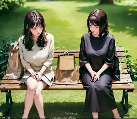 2lady, sit on it (bench end), (office staff outfit) fashionable, mature female, /(brown hair/) bangs, (looking at the phone), (m...