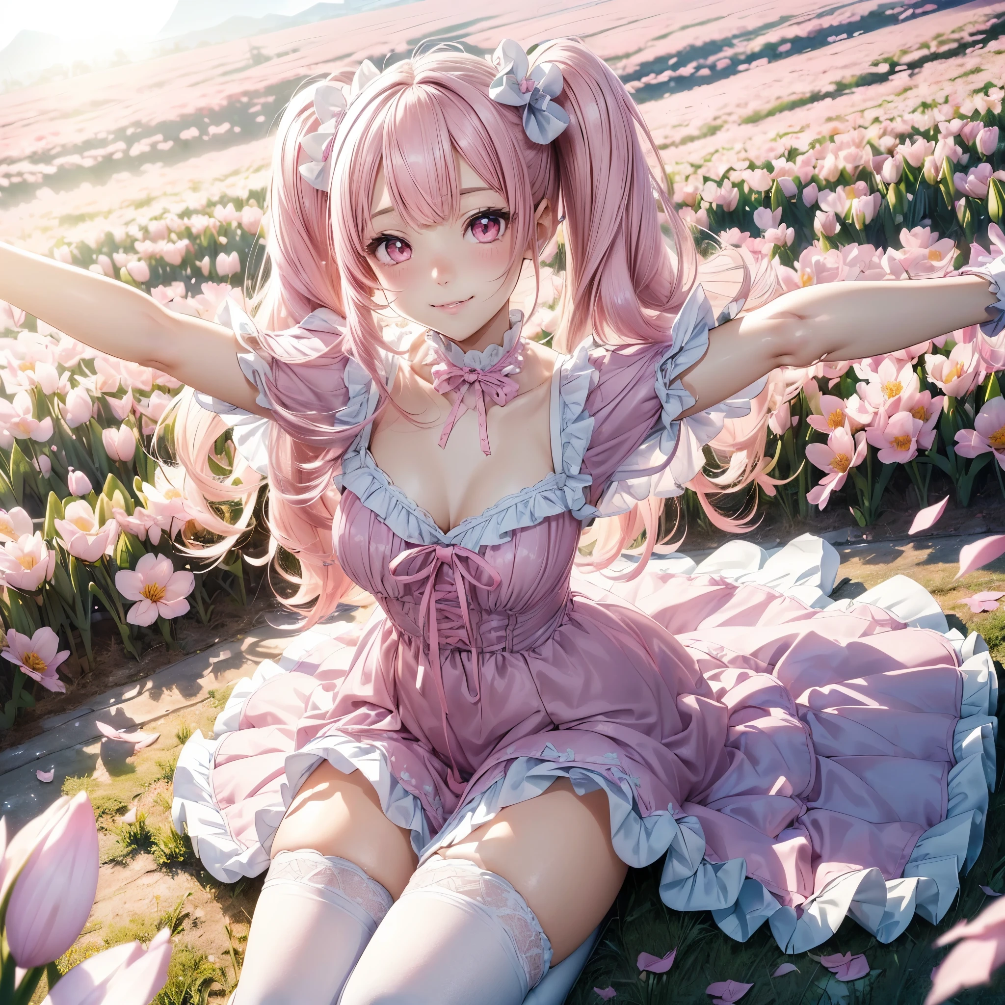 (8K, masutepiece, Highest Quality, Best Quality, Official art, Breathtaking beauty and aesthetics, A highly detailed, The best masterpiece in history that exceeds limits, Breathtaking and beautiful lighting:1.2), (1 Absolute Beautiful Girl, Solo:1.3), sixteen years old, (shiny white skin), BREAK (pink twin tail hair, Bangs:1.3), (adolable big pink eyes, drooing eyes:1.5), BREAK (Breathtaking Beautiful Sweet Lolita Idol Ensemble, sweet lolita-style dress in pastel blue, adorned with lace and ribbon details, Puffy, knee-length skirt for a playful and girly look, Decorative bows and lace trims for added frilliness:1.3), (bust:1.3), (happy smile, Beautiful smile, Gentle smile, cute smile, innocent smile like an angel:1.2), (Attractive, amazing, Beautiful, Elegant, Luxurious, magnifica, Eye-catching, the ultimate beauty, Supreme Beauty, Superlative beauty, Elegant, Beauty, Graceful, Everyone loves it, Beauty that fascinates everyone, Healed, The highest level of complete beauty, cute like an idol, Stylish like a fashion model, Goddess-like grace, Be loved, cute little, adolable, Look at the camera, cute little pose, Happy), breathtaking scenery, (full body, standing, thighs, zettai_ryouiki, thigh_gap:1.3), BREAK (sitting on the ground with arms outstretched, Breathtakingly beautiful spring flower field, colorful petals dancing for wind, blue sky:1.5),