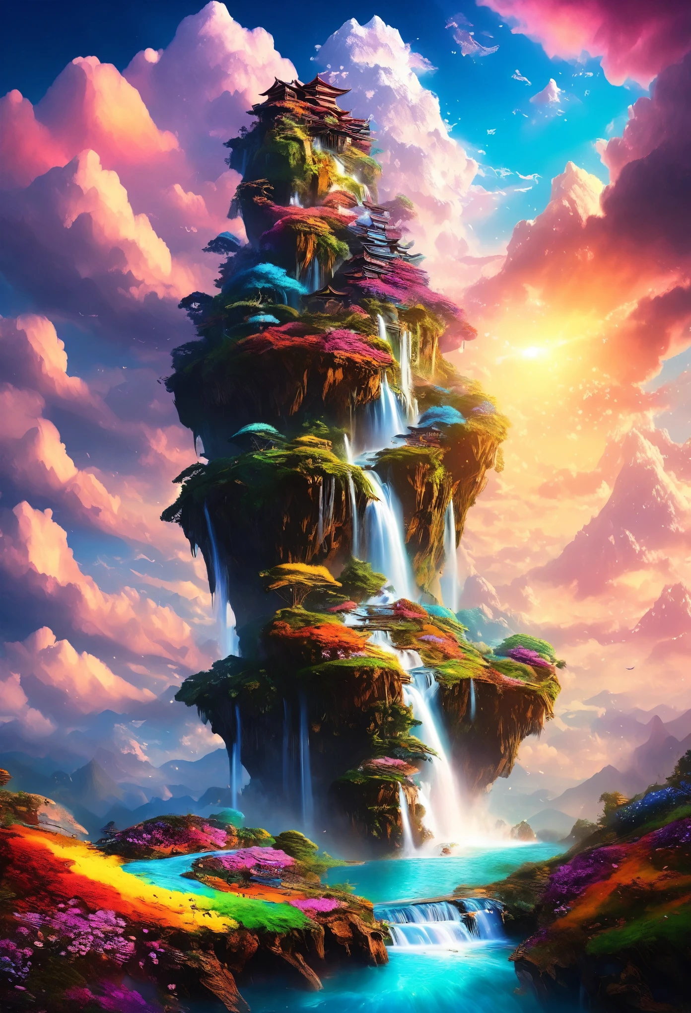 artwork, highest quality, Better Quality, Flying Island, Waterfall cascading down from the island, Fantasy World, Magnificent panorama, Multicolored clouds, Flashy colors,