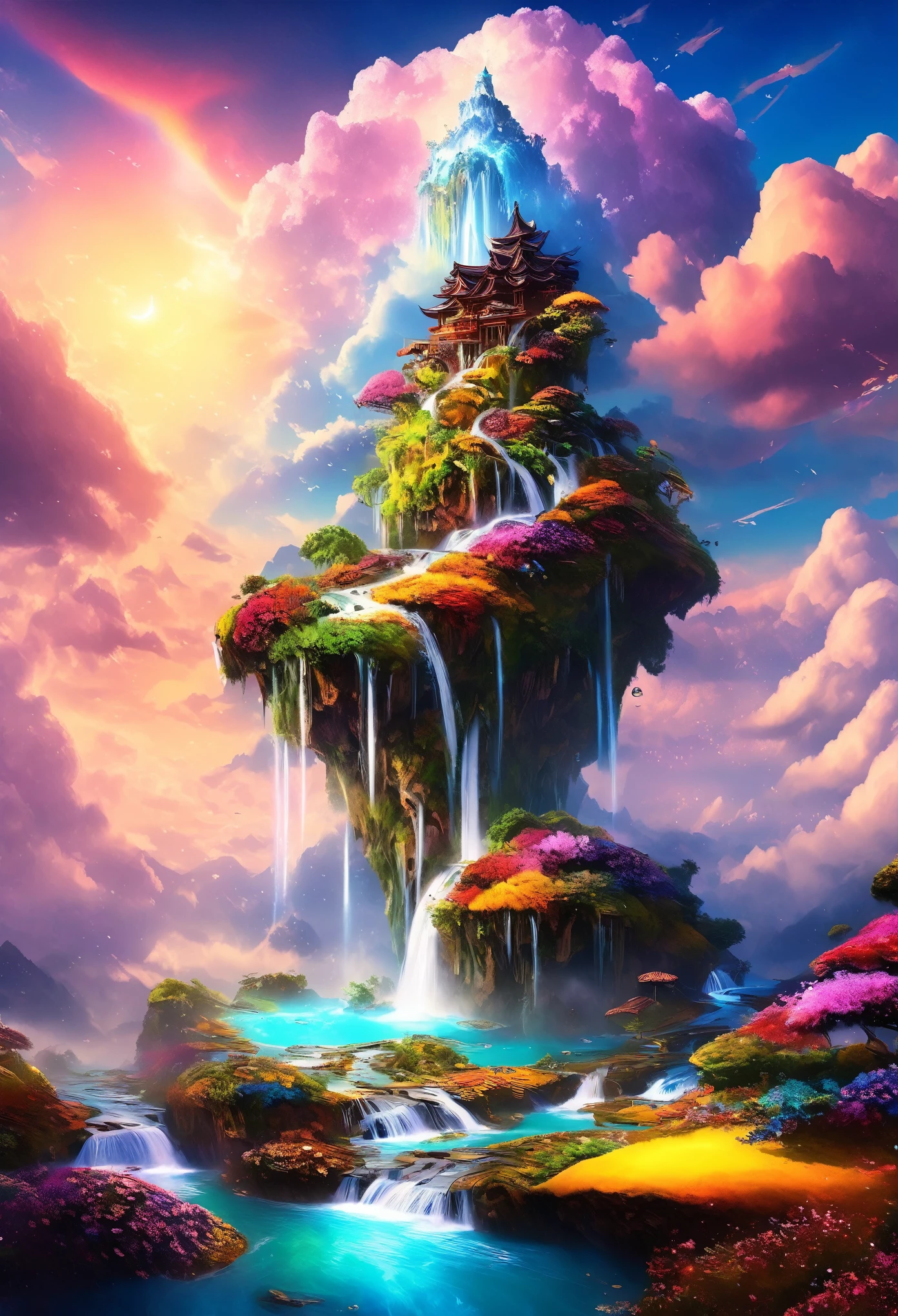 artwork, highest quality, Better Quality, Flying Island, Waterfall cascading down from the island, Fantasy World, Magnificent panorama, Multicolored clouds, Flashy colors,