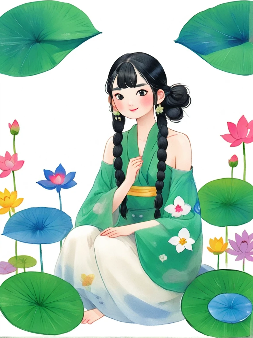 1 Girl，whole body，leg，Naked big legs，(rain)，(Gentle smile)，Bare shoulders，The chest is covered with lotus leaves，Cleavage，clavicle，neck，(fog，Thin fog)，earrings，独奏，White(lotus)，Black Hair，Looking at the audience，Long hair，portrait，Lips，Hair Bun，make up，Poker face，black eyes，Green，(Lotus Leaf)，Every time，Soft Light，Fine brushwork and ink painting style，(masterpiece:1.2)，(Best quality:1.2)，high resolution，Extremely detailed 8k wallpapers，very clearly，lifelike