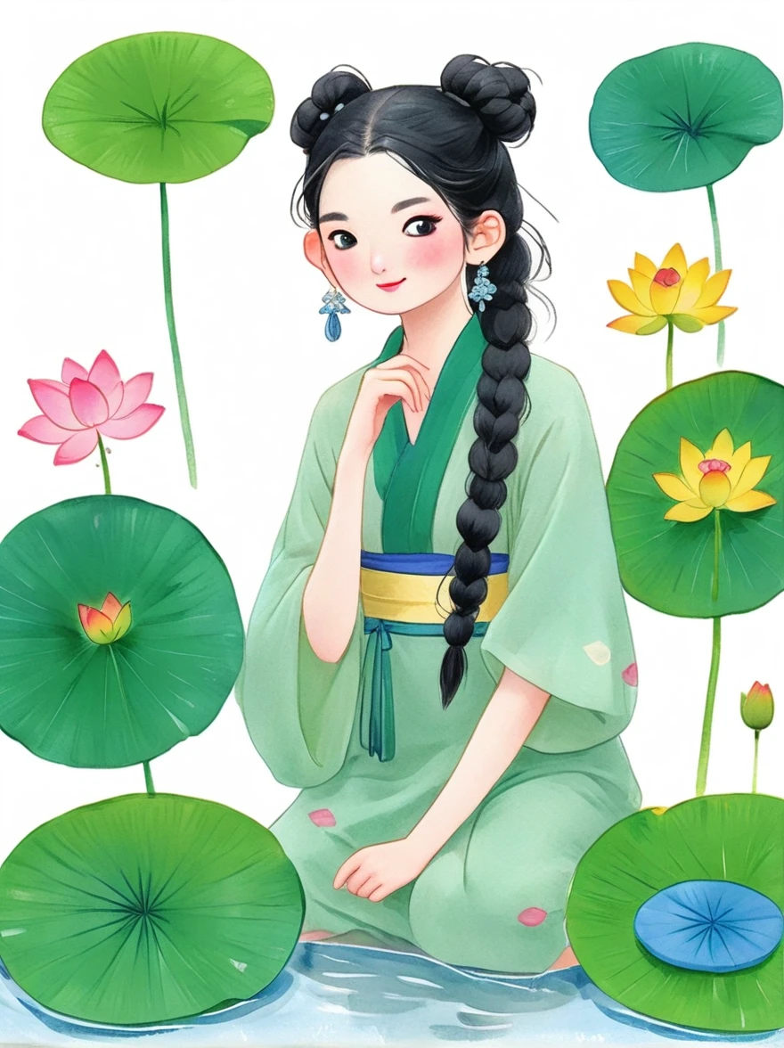 1 Girl，whole body，leg，Naked big legs，(rain)，(Gentle smile)，Bare shoulders，The chest is covered with lotus leaves，Cleavage，clavicle，neck，(fog，Thin fog)，earrings，独奏，White(lotus)，Black Hair，Looking at the audience，Long hair，portrait，Lips，Hair Bun，make up，Poker face，black eyes，Green，(Lotus Leaf)，Every time，Soft Light，Fine brushwork and ink painting style，(masterpiece:1.2)，(Best quality:1.2)，high resolution，Extremely detailed 8k wallpapers，very clearly，lifelike