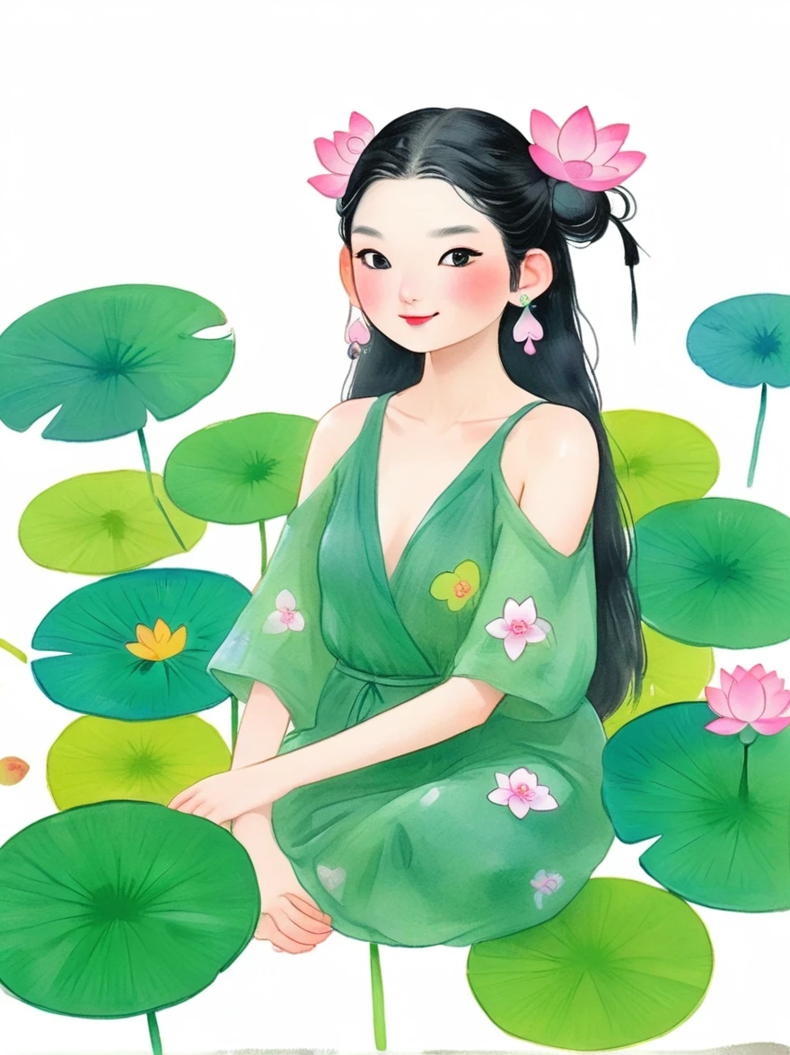 1 Girl，whole body，leg，Naked big legs，(rain)，(Gentle smile)，Bare shoulders，The chest is covered with lotus leaves，Cleavage，clavicle，neck，(fog，Thin fog)，earrings，独奏，White(lotus)，Black Hair，Looking at the audience，Long hair，portrait，Lips，Hair Bun，make up，Poker face，black eyes，Green，(Lotus Leaf)，Every time，Soft Light，Fine brushwork and ink painting style，(masterpiece:1.2)，(Best quality:1.2)，high resolution，Extremely detailed 8k wallpapers，very clearly，lifelike