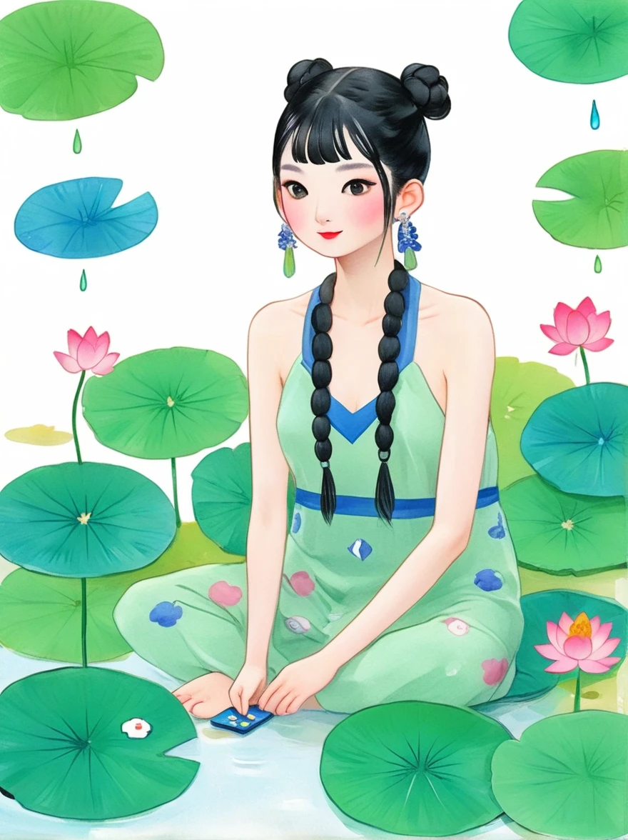 1 Girl，whole body，leg，Naked big legs，(rain)，(Gentle smile)，Bare shoulders，The chest is covered with lotus leaves，Cleavage，clavicle，neck，(fog，Thin fog)，earrings，独奏，White(lotus)，Black Hair，Looking at the audience，Long hair，portrait，Lips，Hair Bun，make up，Poker face，black eyes，Green，(Lotus Leaf)，Every time，Soft Light，Fine brushwork and ink painting style，(masterpiece:1.2)，(Best quality:1.2)，high resolution，Extremely detailed 8k wallpapers，very clearly，lifelike