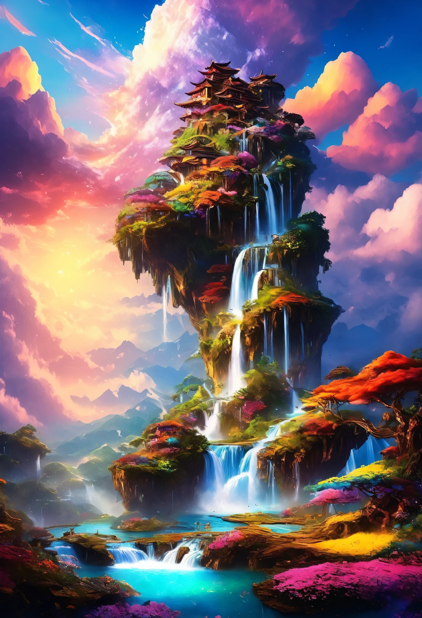 artwork, highest quality, Better Quality, Flying Island, Waterfall cascading down from the island, Fantasy World, Magnificent panorama, Multicolored clouds, Flashy colors,