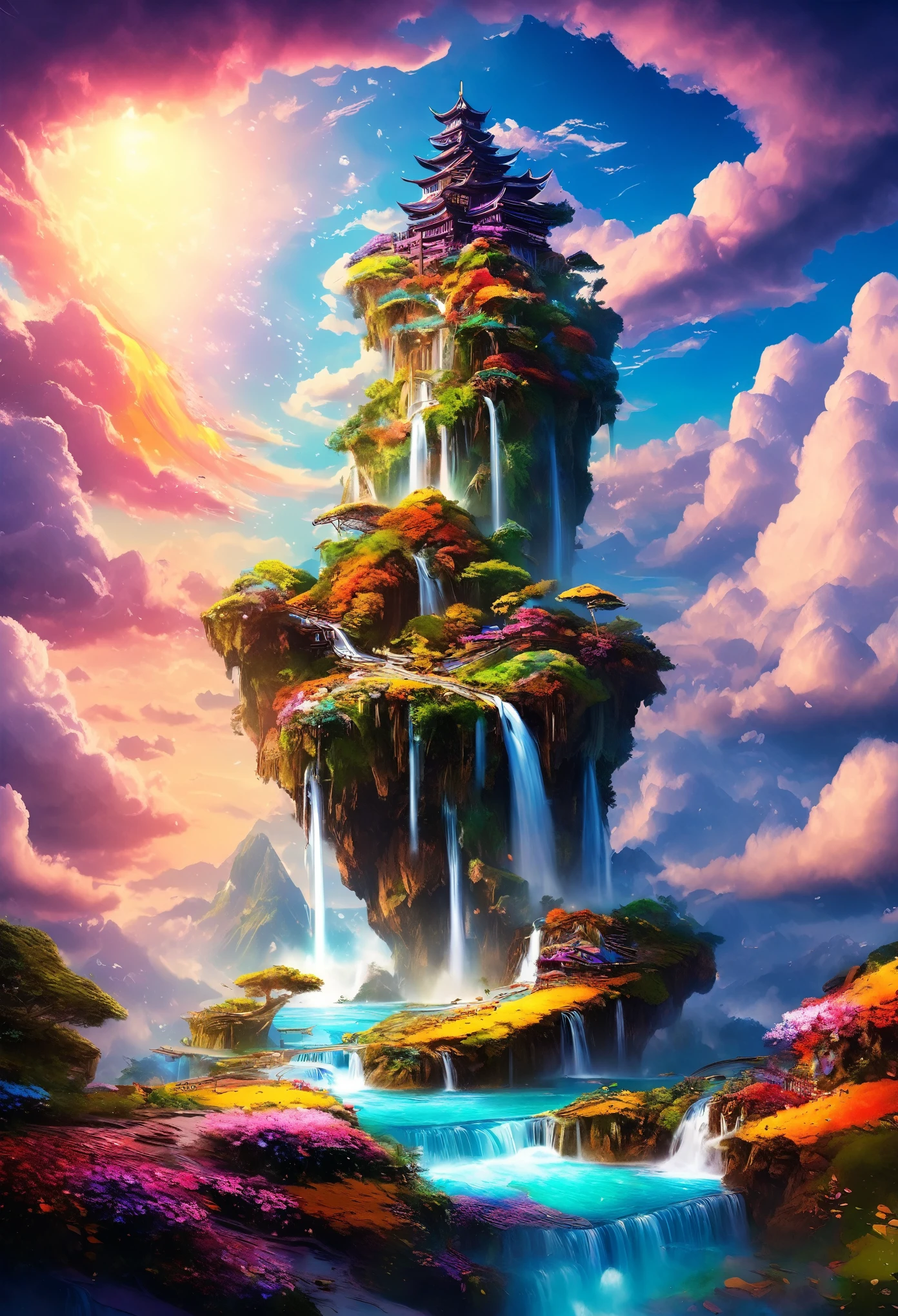 artwork, highest quality, Better Quality, Flying Island, Waterfall cascading down from the island, Fantasy World, Magnificent panorama, Multicolored clouds, Flashy colors,