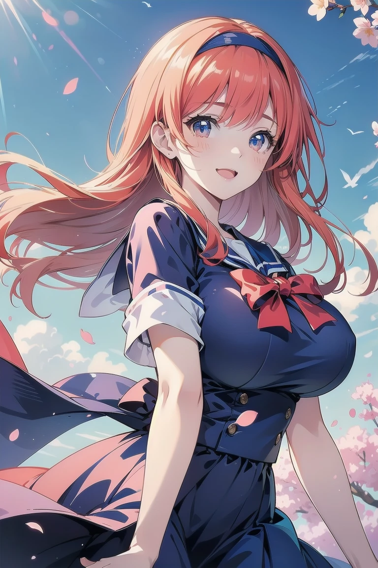 (Very beautiful face and eyes:1.2),(Laugh together),((Big Breasts))、The wind is blowing、Anime art style、Anime Coloring,
Beautiful feet,Sailor suit、,Redhead、Yellow headband、cherry blossoms、
(highest quality,masterpiece:1.2),1 girl,Looking at the audience,
Natural light,Hair blowing in the wind,Beautifully detailed skies,