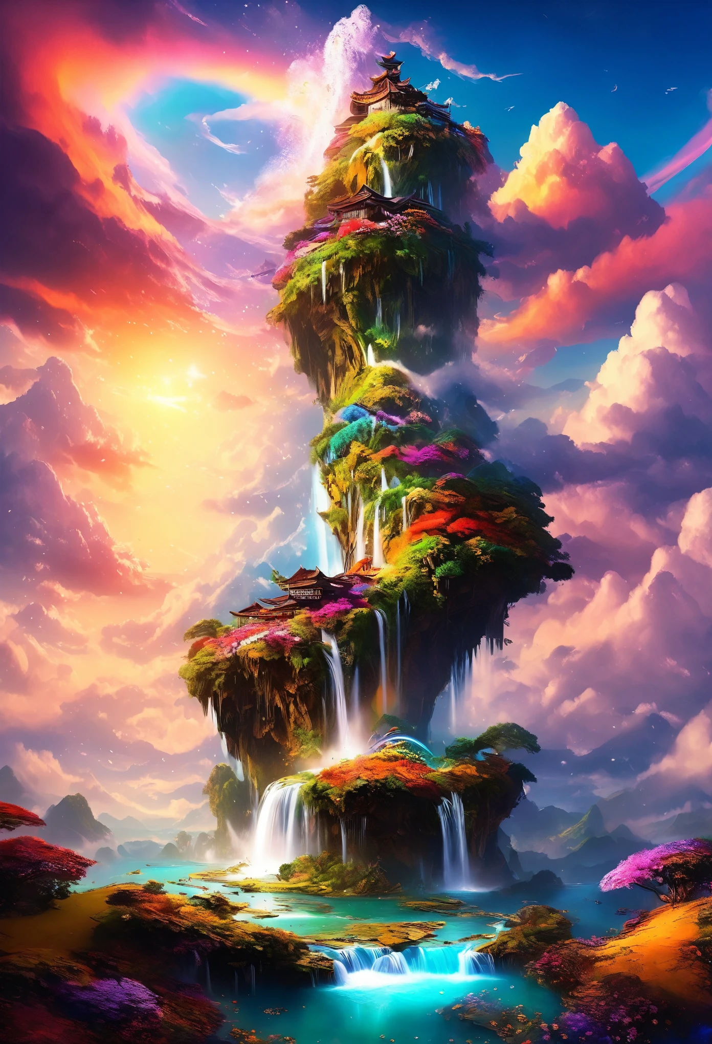 artwork, highest quality, Better Quality, Flying Island, Waterfall cascading down from the island, Fantasy World, Magnificent panorama, Multicolored clouds, Flashy colors,