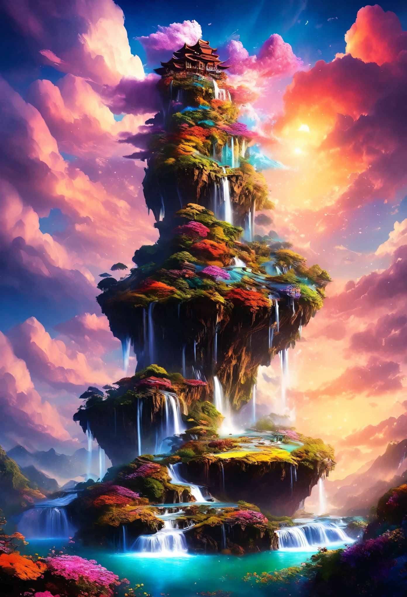 artwork, highest quality, Better Quality, Flying Island, Waterfall cascading down from the island, Fantasy World, Magnificent panorama, Multicolored clouds, Flashy colors,