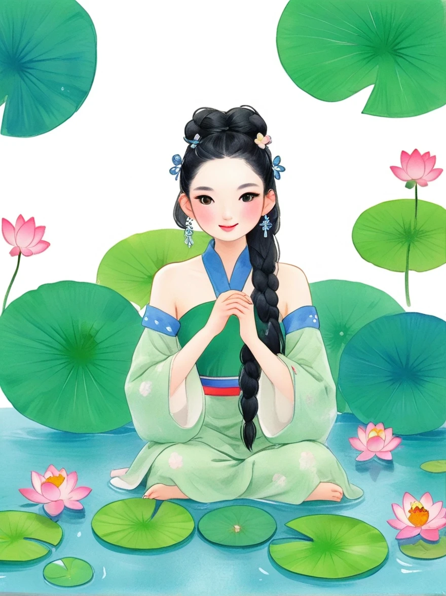 1 Girl，whole body，leg，Naked big legs，(rain)，(Gentle smile)，Bare shoulders，The chest is covered with lotus leaves，Cleavage，clavicle，neck，(fog，Thin fog)，earrings，独奏，White(lotus)，Black Hair，Looking at the audience，Long hair，portrait，Lips，Hair Bun，make up，Poker face，black eyes，Green，(Lotus Leaf)，Every time，Soft Light，Fine brushwork and ink painting style，(masterpiece:1.2)，(Best quality:1.2)，high resolution，Extremely detailed 8k wallpapers，very clearly，lifelike