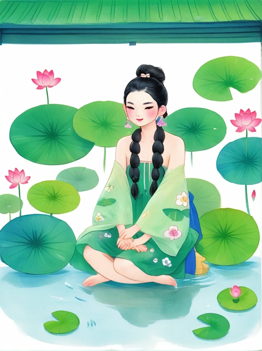 1 Girl，whole body，leg，裸露的大leg，(rain)，(Gentle smile)，Bare shoulders，胸部被覆盖lotus叶，Cleavage，clavicle，neck，(fog，薄fog)，earrings，solo，White(lotus)，Black Hair，Looking at the audience，Long hair，portrait，Lips，Hair Bun，make up，Poker face，black eyes，Green，(Lotus Leaf)，Every time，Soft Light，Fine brushwork and ink painting style，(masterpiece:1.2)，(Best quality:1.2)，high resolution，Extremely detailed 8k wallpapers，very clearly，lifelike