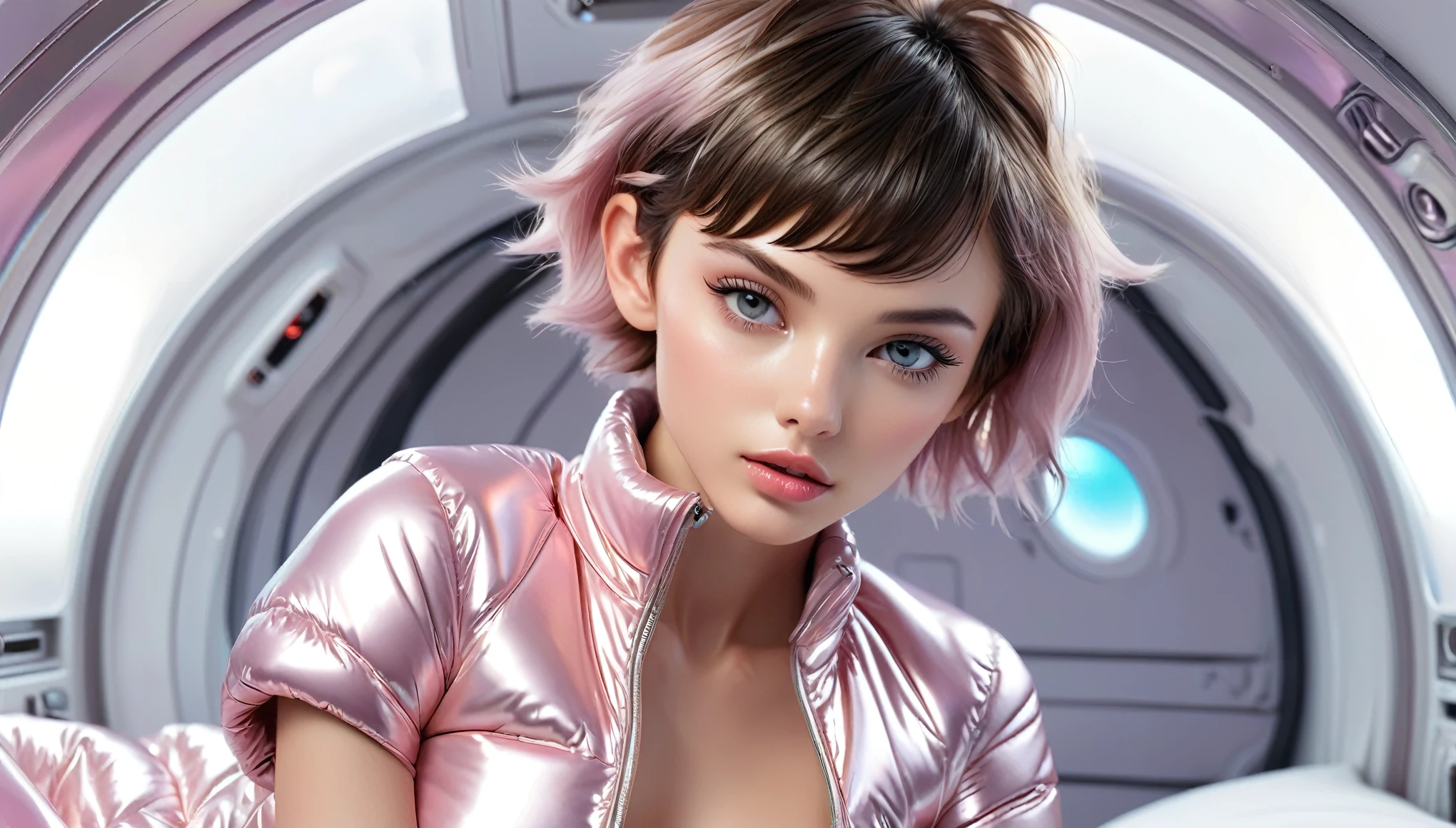 Masterpiece, Best Quality, ((skinny girl in a open shiny puffer with wide neckline, short sleeves, small perky breasts, puffy nipples, extremely detailed face, detailed eyes, detailed lips, pixie asymmetrical hair, small hips, in a spaceship, on a bed, full body view, pastell colors))