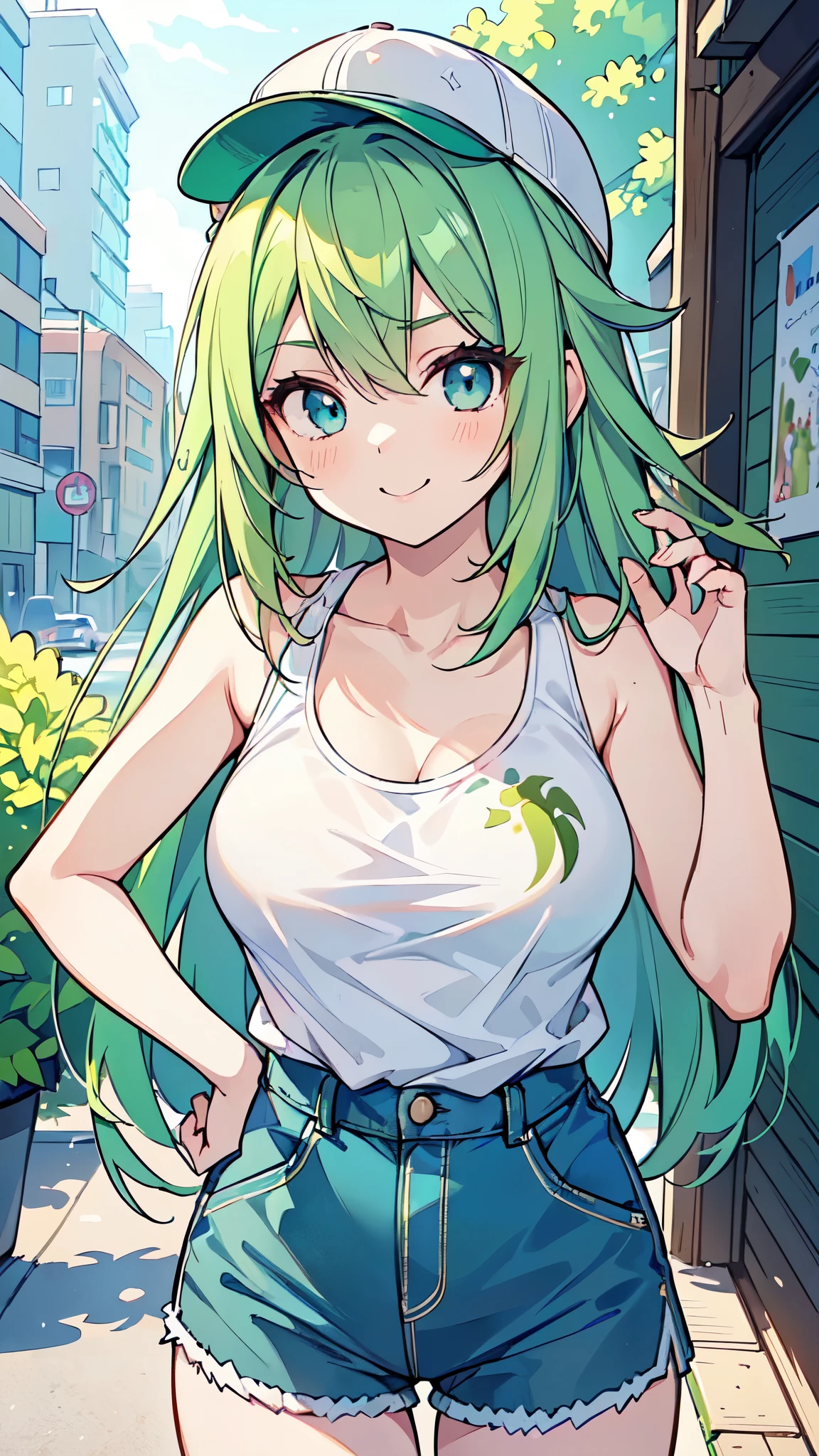 ((A Pretty girl with green hair and blue eyes)), ((wearing the white tanktop and hot pants)), ((a cap)), Baby face, ((top-quality, master piece, ultra-definition, high resolution)), anime girl, ((ultra-detailed illust:1.2)), only one person, bangs, hair between eye, beautiful hair, Beautiful eyes, medium breast, Big smile, cityscape