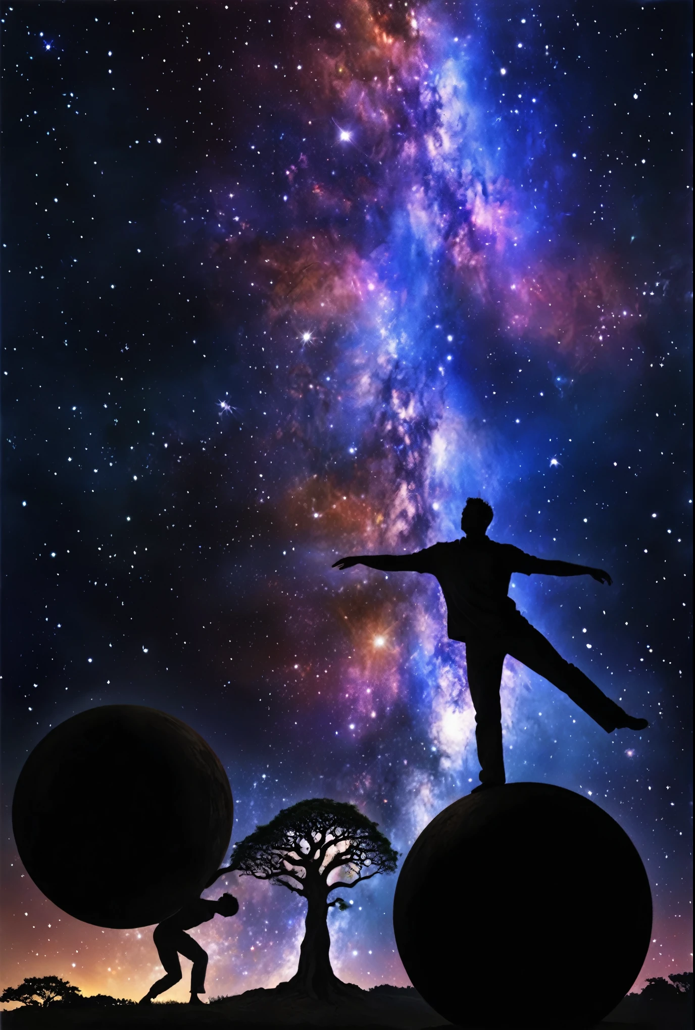 starry sky with the silhouette of a man carrying a giant sphere seeming to try so hard to carry all the weight to the point of bending over and bending his knees, on the other side the silhouette of another man who manages to balance himself on a sphere as gigantic as the one the other carries. Standing under a tree, tree in a galaxy made of stars, cosmic tree of life, cosmic tree, magic tree, the tree of Life, tree of Life, galactic bonsai, tree of Life seed of doubt, fantasy tree, the world tree, baobab tree, world tree, magic tree, cosmos infinito ao fundo 