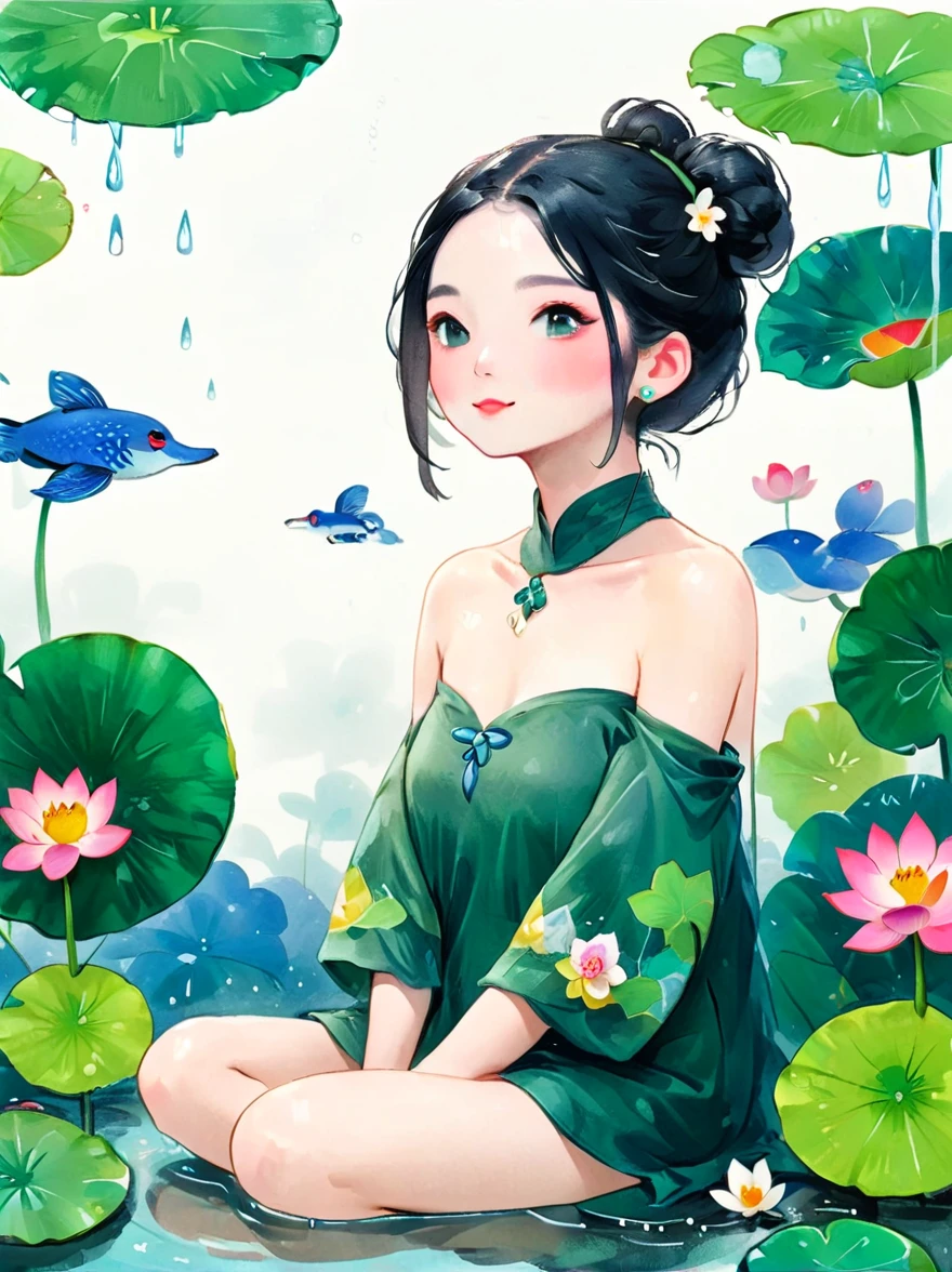 1 Girl，whole body，leg，Naked big legs，(rain)，(Gentle smile)，Bare shoulders，The chest is covered with lotus leaves，Cleavage，clavicle，neck，(fog，Thin fog)，earrings，独奏，White(lotus)，Black Hair，Looking at the audience，Long hair，portrait，Lips，Hair Bun，make up，Poker face，black eyes，Green，(Lotus Leaf)，Every time，Soft Light，Fine brushwork and ink painting style，(masterpiece:1.2)，(Best quality:1.2)，high resolution，Extremely detailed 8k wallpapers，very clearly，lifelike